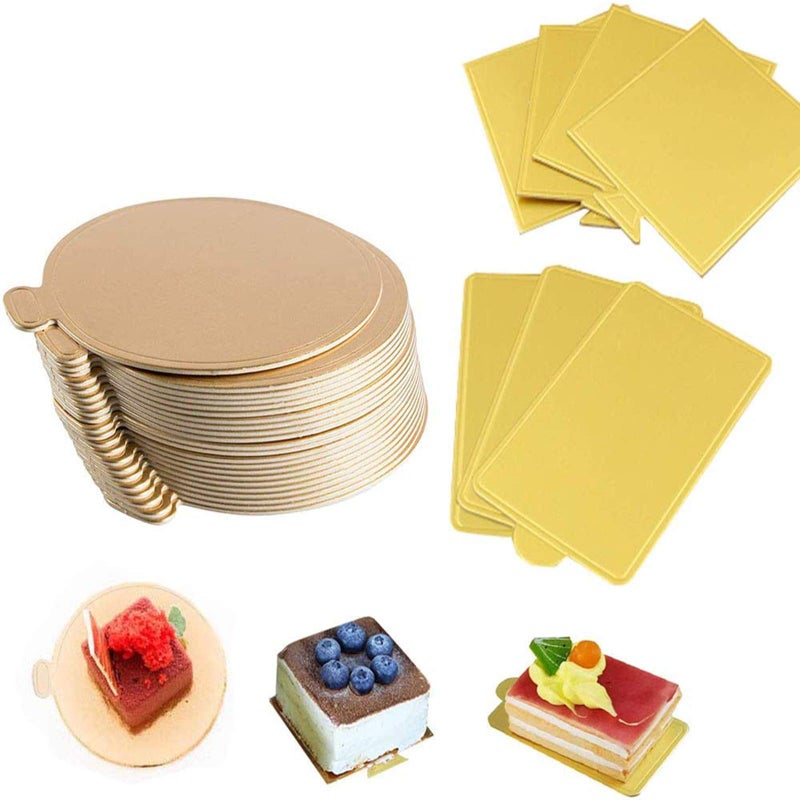 Miecux 100-Pack Mini Cake Base Boards, Gold Mousse Cake Cardboard Set, Ideal for Dessert Buffet, Wedding, Parties, Catering Supplies (mixing set) - Image 1